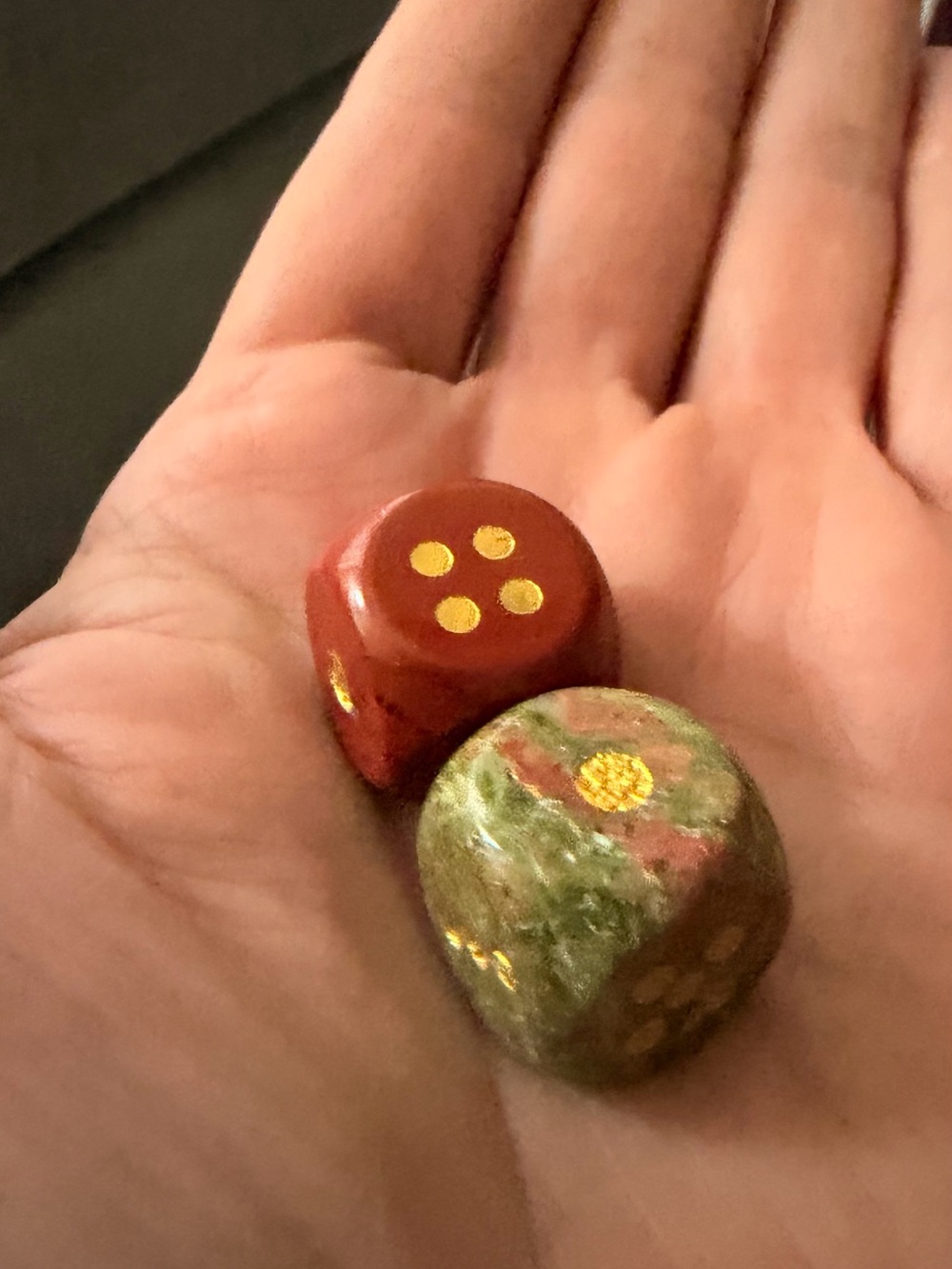 Solid Stone Dice in Red and Green with Gold Inlay